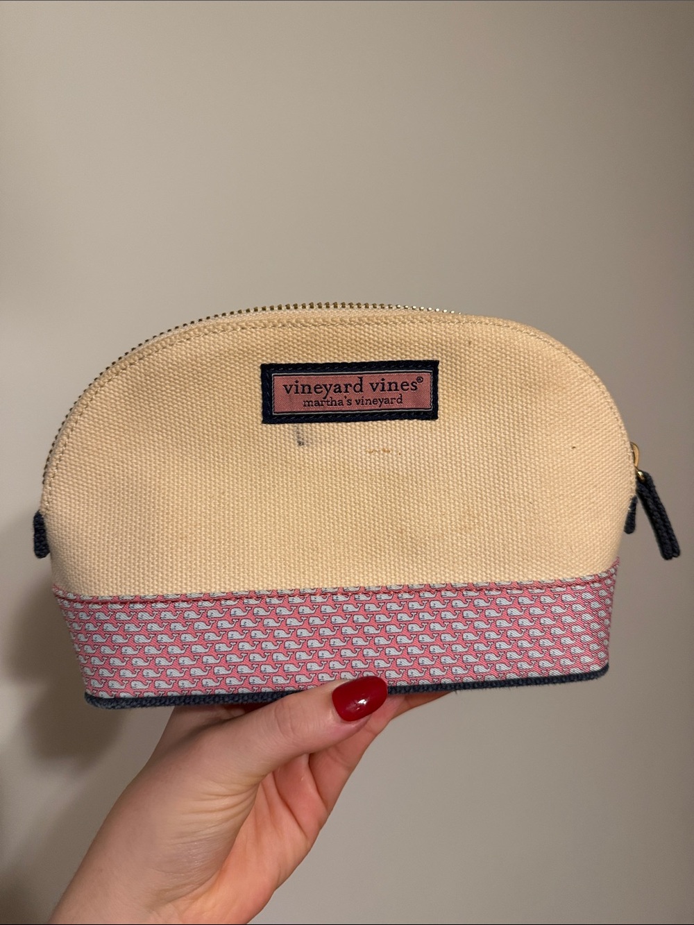 Vineyard Vines Cream Canvas Cosmetic Pouch with Pink Whale Trim